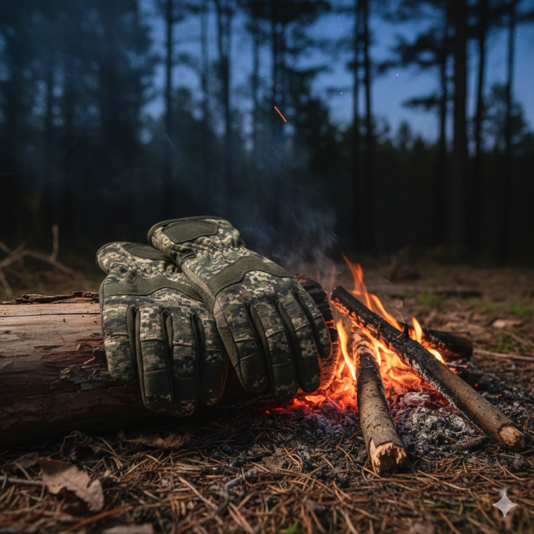 hunting gloves by camp fire
